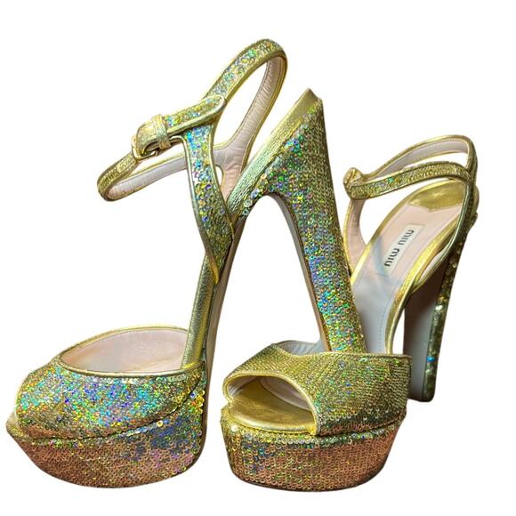 Miu Miu Gold Sequin Spangle Platform Heel Size EU38 1/2 - Picture 1 of 12